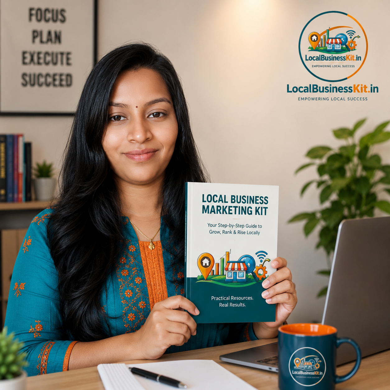 Kanmani Kirubakaran holding the Local Business Marketing Kit workbook